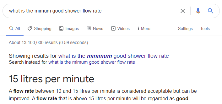 Screenshot of google search "what is the minimum good shower flow rate" and result of 15 litres per minute