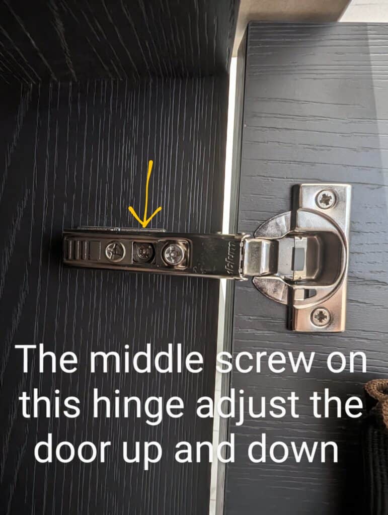A photo of a hinge. An arrow points to the square hole between the screws and within that you can see another recessed screw. An annotation reads 